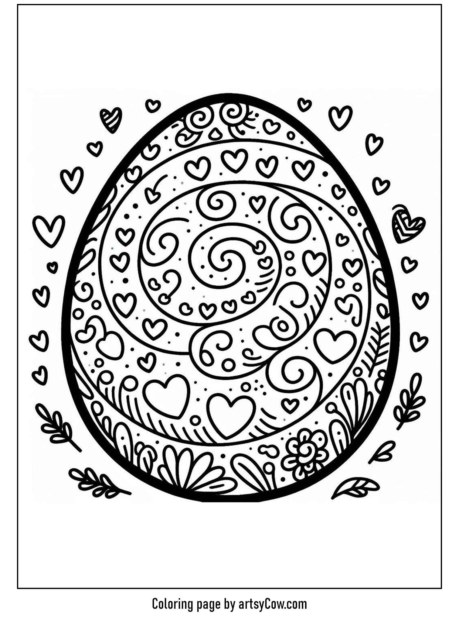 Easter Egg Coloring Pages featuring a beautifully detailed egg design filled with spirals, hearts, and flower patterns, ideal for creative coloring inspiration.